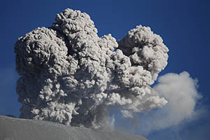 Multipronged ash cloud emerging from summit of Sabancaya volcano, Peru