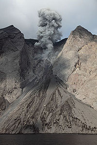 View of small eruption of Batu Tara from boat