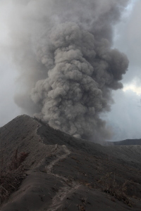 Approaching erupting Bromo volcano