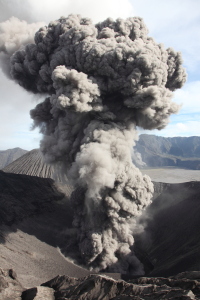 Eruption of mushroom-shaped ash cloud. Mount Bromo Volcano, Tengger Caldera, Java, Indonesia