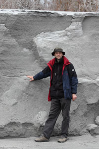 Lahar deposits by Chaiten town, person for scale