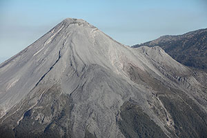 View of summit crater complex from aircraft flying to SE, Fuego de Colima volcano, Mexico