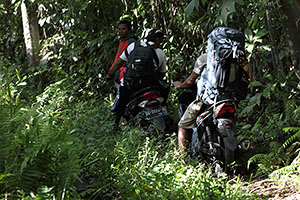 Transporting rucksacks with mopeds, Dukono volcano