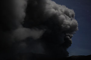 Weird ash cloud in shape of clowns face, Dukono volcano
