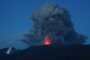 Eyjafjallajökull volcano ash cloud and steaming glacier