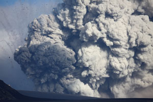Eyjafjallajökull volcano ash clouds over glacier