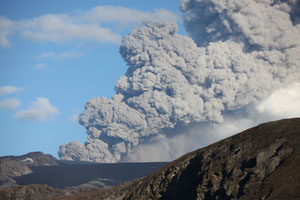 Eyjafjallajökull volcano eruption 2010 viewed from SW