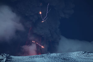 Eyjafjallajökull volcano ash cloud with lightning