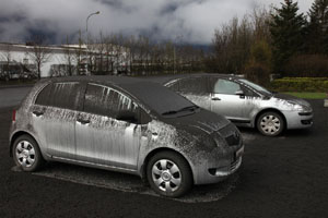 Ash on cars in Hvolsvöllur, iceland, Eyjafjallojökull volcano eruption