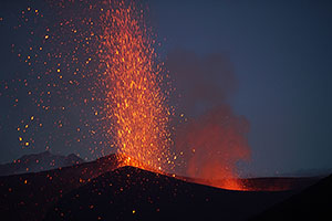 Fogo Volcano Eruption 2014, Strombolian Activity at Night from Upper Vents