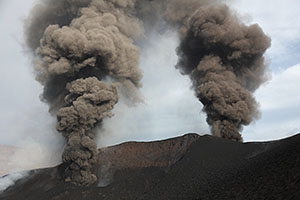 Ash erupting from two vents along fissure during 2014 erupsion of Fogo volcano