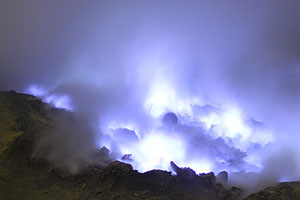 Kawah Ijen volcano, Blue sulfur flames, Sulphur flares