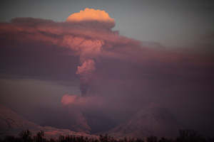 Ash cloud from Kliuchevskoi volcano at dusk