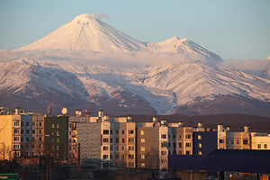 Avachinsky Volcano (also Avacha Volcano) towering over Petropavlovsk city.