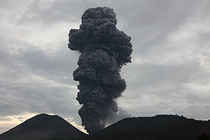 Powerful ash eruption from Lokon-Empung volcano, Kawah Tompaluan crater, wide-angle view, 6th December 2012