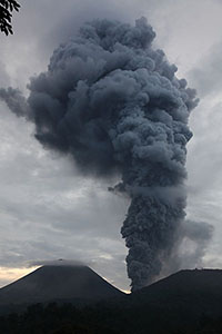 Ash cloud from eruption of Lokon-Empung volcano being tipped by wind, Kawah Tompaluan crater, 6th December 2012