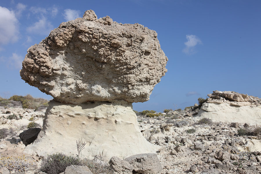 Mushroom Rock, Boulder Protecting Volcanic Tuff Beneath from Erosion, Sarakiniko, Milos, Greece