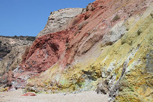 Colourful geothermally altered cliffs at Paleochori, Milos. Yellow and red deposits
