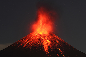 Nighttime strombolian eruption of Momotombo volcano, Nicaragua