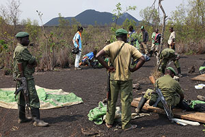 Nyamuragira volcano armed rangers at forward camp location