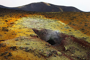 Nyamuragira Volcano primary site of 2011 eruption. Sulphurous yellow fumarolic deposits