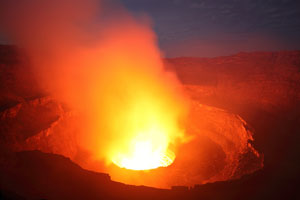 Nyiragongo volcano, lava lake at night