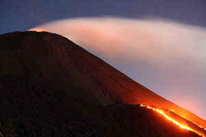 Pacaya Volcano MacKenney Cone.  Nighttime eruptions with lava flows.