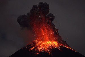 Reventador volcano, Ecuador, Nighttime Eruption, Lava bombs, Ash Cloud, Extract 4K video