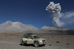 Ampato-Sabancaya Volcanic Complex with ash cloud - view from south