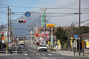 Town SE of Sakurajima volcano which is producing ash in background