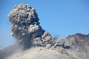 Sakurajima volcano, Japan, Explosive eruption with ash cloud and small pyroclastic flow