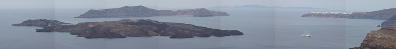 Kameni islands, stitched panorama, Santorini volcano