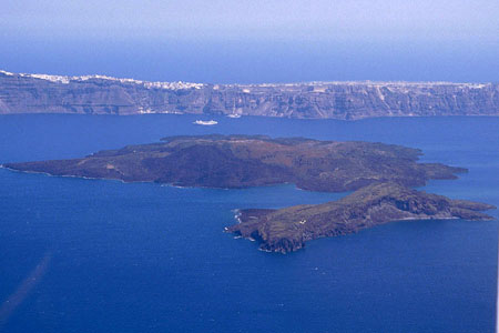 Aerial image, Nea and Palea Kameni Islands, Santorini volcano, Thera