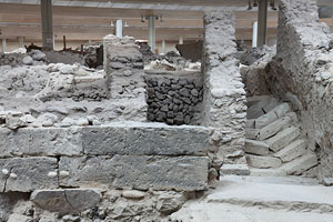 Earthquake damage, broken staircase, Akrotiri excavations, Thira, Santorini