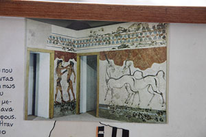 Signs showing removed murals at Akrotiri excavations, Thira, Santorini
