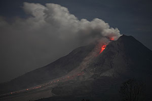 Sinabung volcano with incandescent lava lobe