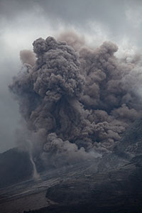 Pyroclastic Flow approaching tornado on flowfield, Sinabung Volcano