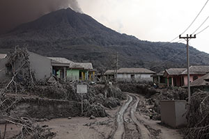 Village NE of Sinabung Volcano covered in ash