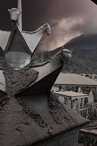 Shrine covered by volcanic ash, Sinabung volcano