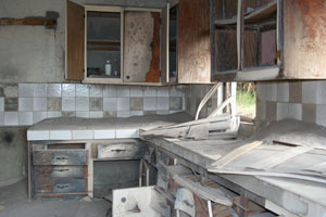 Kitchen cupboards singed by Pyroclastic surge